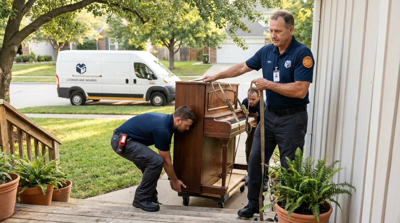 Licensed piano movers securing grand piano in Centreville, AL