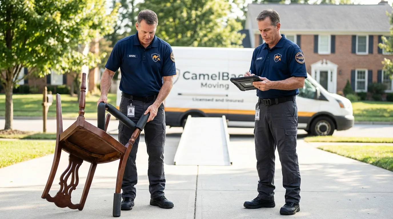 Movers inspecting furniture for damage prevention before loading in Centreville, AL