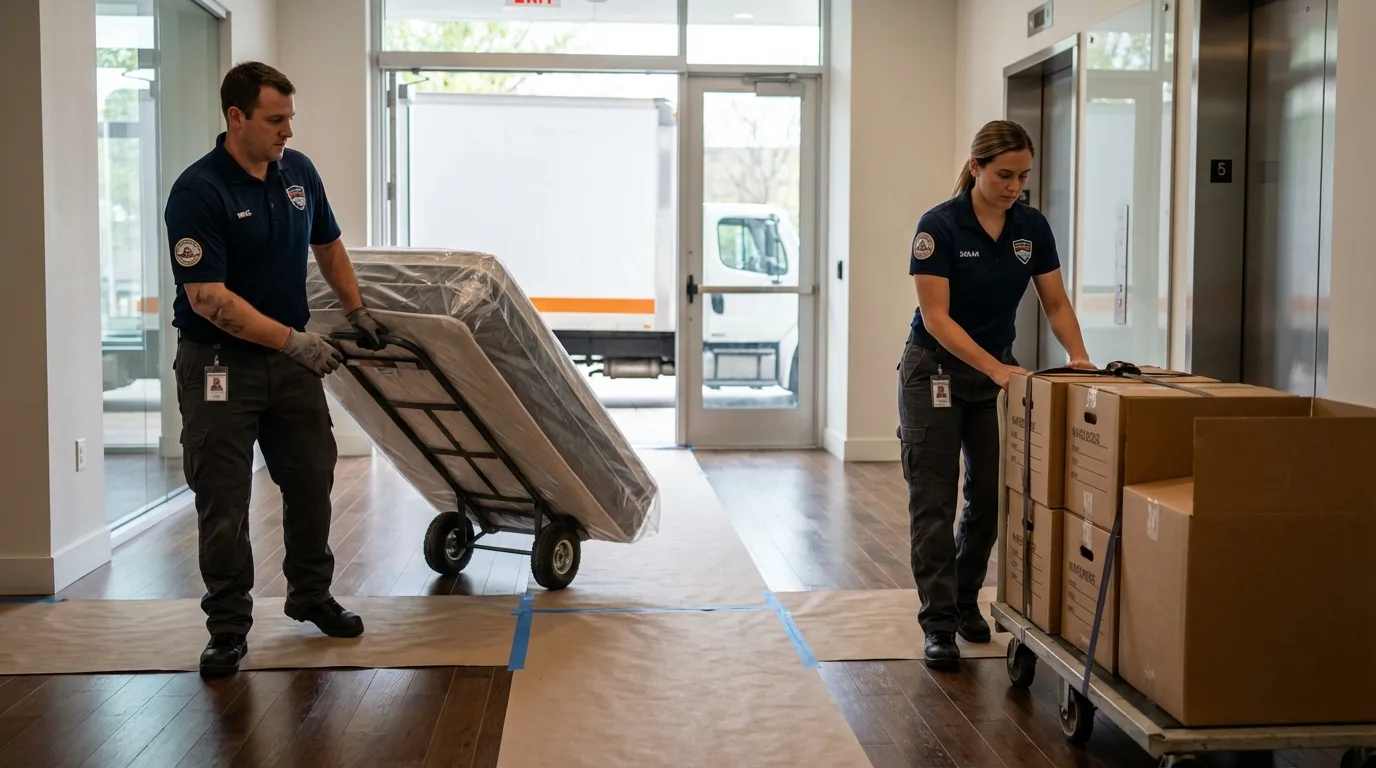 Professional apartment movers loading elevator in Centreville, AL