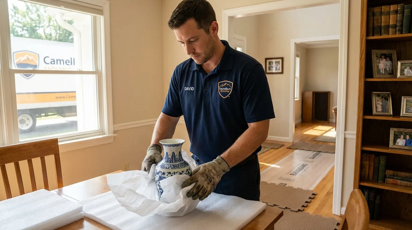 Professional crew carefully wrapping antique vase for senior downsizing move in Centreville, AL